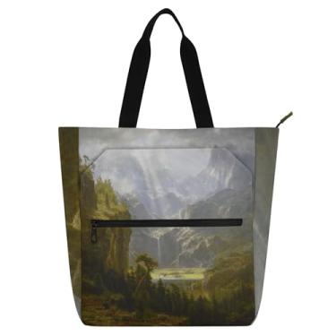 Imagem de GAIGEO Rocky Mountains Peak Albert Bierstadt Bolsas de trabalho femininas tote lona praia livro tote com zíper professores presente para amantes de livros bolsas