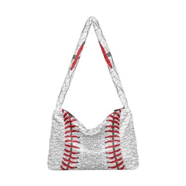Imagem de Bolsas de ombro femininas de beisebol de couro branco com costura vermelha, bolsa feminina de pelúcia, bolsa feminina para uso ao ar livre, Beisebol de couro branco com costura vermelha, One Size