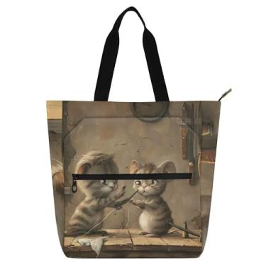 Imagem de GAIGEO Bolsa feminina divertida de corte de cabelo Cat Mouse bolsa de trabalho de lona com zíper bolsa de praia para professores amantes de livros