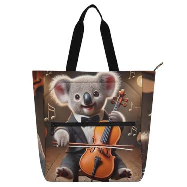 Imagem de GAIGEO Linda sacola infantil com serenata de violoncelo coala com zíper para meninas, meninos, escola, professores, reutilizável, média, bolsa de compras de viagem