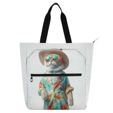Imagem de GAIGEO Bolsas de trabalho engraçadas de gato fofas para mulheres, bolsa de lona universitária, bolsa de mão de professor com compartimentos
