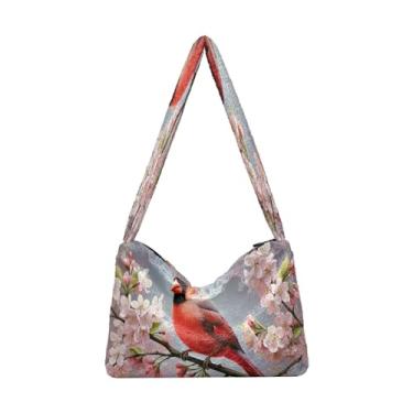 Imagem de Bolsa feminina floral de girassol, sacola com zíper e alça de ombro, bolsa de ombro feminina, Pássaro vermelho sentado em um ramo de flor-1, One Size