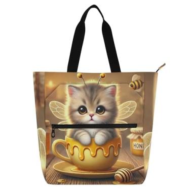 Imagem de GAIGEO Bolsa feminina Kitten Bee Cute Cat Work Bag de lona escolar bolsa utilitária de escritório com compartimentos