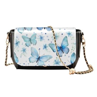 Imagem de Bolsas de ombro femininas com água-viva azul no oceano com luzes neon bolsa tiracolo de couro, bolsas transversais de couro para mulheres, Borboletas azuis em branco-6, One Size