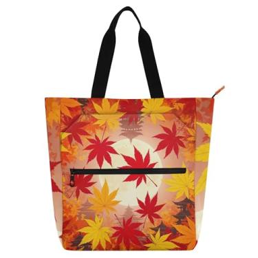 Imagem de GAIGEO Sacolas femininas vibrantes de outono com folhas de bordo vermelhas de lona com zíper, bolsa de praia, presente para amantes de livros