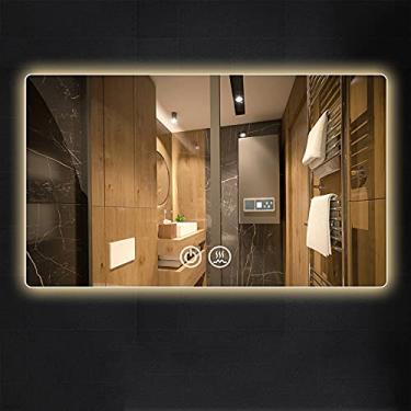 Imagem de TRGCJGH Espelho de banheiro LED Espelho de banheiro montado na parede para chuveiro Espelho de banheiro iluminado por LED com anti-nevoeiro Espelho inteligente fixado na parede, luz quente - 90 x 70