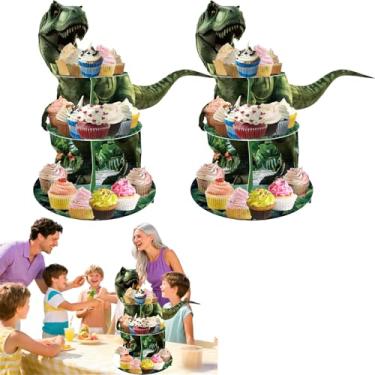 Imagem de Pau1Hami1ton 2 peças, suporte de cupcake de dinossauro, 3 camadas, papelão – fácil de montar e reutilizável (6 dinossauros)