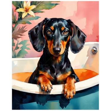 Imagem de Kit de pintura animal por números para adultos - DIY Dachshund Dog in Bathtub Painting on Canvas, conjunto de tinta acrílica, adequado para iniciantes, arte para decoração de casa ou presentes (40 x