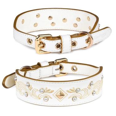 Imagem de Blueberry Pet Coleira de couro genuíno ocidental para raças pequenas, branco pérola - bordado floral, brincos de pérola, pescoço ajustável de 30 a 38 cm, coleiras para cães pequenos