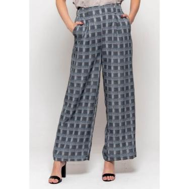 Imagem de Calça Bisô Pantalona Xadrez Preta/ Azul - Azul - P-Feminino