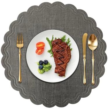 Imagem de Kreatur Jogo americano redondo para mesa de jantar, conjunto de 6 unidades, impermeável, isolamento térmico, resistente a manchas, antiderrapante, lavável, tapete de mesa de cozinha (cinza escuro)