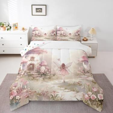 Imagem de Erosebridal Conjunto de edredom para crianças, meninos, meninas, jardim, floral, conto de fadas, romance, princesa, aquarela, cogumelo, com 2 fronhas