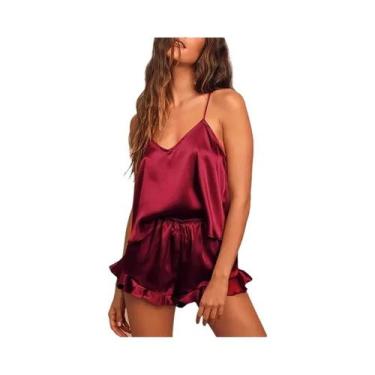 Imagem de Conjunto De Pijama Sexy De Seda Satin Para Mulheres, Top Cami Com Deco