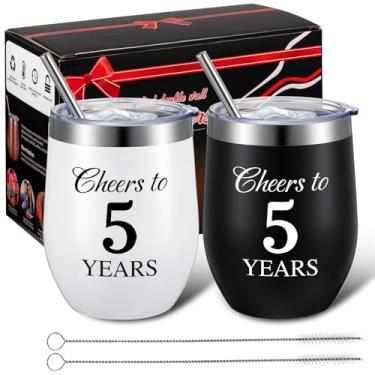 Imagem de Domensi 2 peças de copos de vinho Cheers to 5 Years Presentes de casamento de 5º aniversário para esposa marido pais casal decorações de festa de 5 anos presentes para homens mulheres copos de 590 ml
