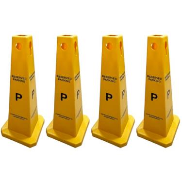 Imagem de Placa de estacionamento reservada com cone de trânsito de quatro lados, amarelo de alta visibilidade, 66 cm de altura, cones de aviso de estacionamento reservados