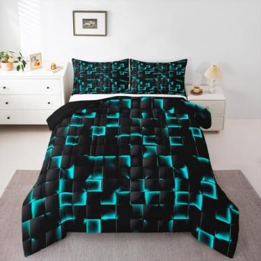 Imagem de Erosebridal Conjunto de edredom Queen geométrico quadriculado turquesa azul-petróleo preto neon para decoração de quarto de jogos, geométrico, quadriculado, geométrico, edredom