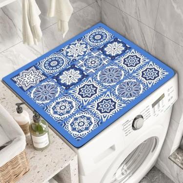 Imagem de Vesvory Tapete simples Boho para máquina de lavar e secar roupa de cama listrado grade geladeira secador de poeira topo de lavagem forno à prova de poeira capa de mesa estilo tapete multiuso (azul