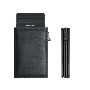 Imagem de Carteira masculina fina pop-up de alumínio com capa de couro com bloqueio de RFID, design compacto minimalista preto, Preto, Minimalista