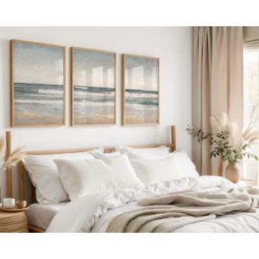 Imagem de 3 peças de impressão de paisagem de praia pôsteres paisagem marítima pintura em tela para arte costeira casa de praia quarto decoração de casa de campo emoldurada pronta para pendurar com moldura