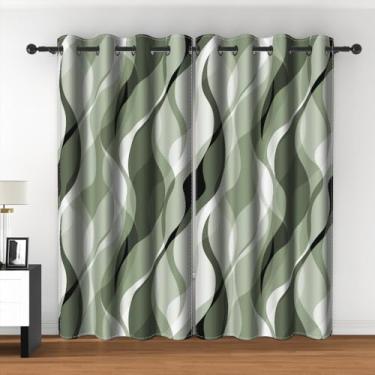 Imagem de Cortinas de janela listradas abstratas modernas retrô geométricas abstratas ombré cinza e verde sálvia listradas escurecimento cortinas blackout para sala de estar quarto cozinha café decoração 106 x
