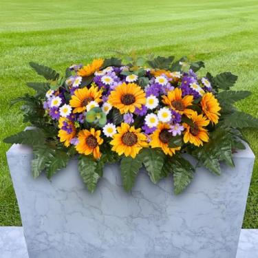 Imagem de Zythrem Flores de cemitério para túmulos amarelos, sepultura, girassóis, flores artificiais com margaridas coloridas, decorações de cemitério para lápide ao ar livre