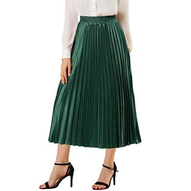 Imagem de Allegra K Saia midi plissada sanfonada metálica brilhante com cintura elástica feminina, Verde (Drak Green), Small