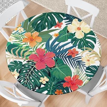 Imagem de Eiuflka Toalha de mesa redonda ajustada com folhas de palmeira tropicais elásticas para uso ao ar livre, toalha de mesa redonda impermeável para cozinha, festa, piquenique, serve para mesas redondas