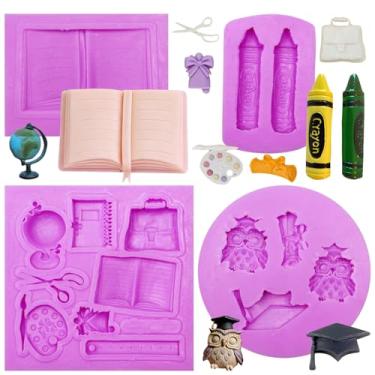 Imagem de Acvcatto Molde de silicone para livro, moldes de fondant de volta às aulas, 4 peças, tesoura de molde de chocolate de coruja de giz de cera para decoração de bolos, cobertura de cupcake, pasta de goma