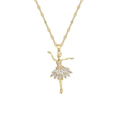 Imagem de Dtja Colar feminino com pingente de balé de cristal de aço inoxidável, banhado a ouro, elegante, movimento de dança, corrente de elos ajustáveis, colares gargantilhas, presente para filha dançarina