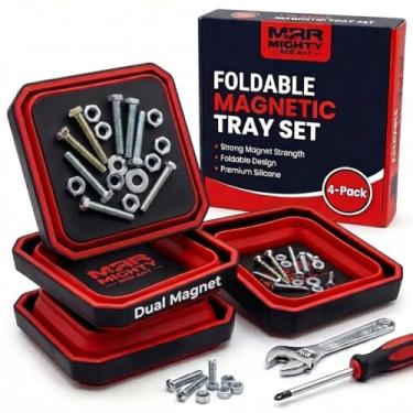 Imagem de Mighty Red Ant Conjunto de bandejas magnéticas dobráveis – 4 peças de silicone com placa magnética de dupla face, ferramentas automotivas para parafusos, porcas, parafusos e armazenamento de peças de
