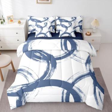 Imagem de Erosebridal Conjunto de edredom Queen azul e branco com estampa de tinta abstrata, para crianças, meninos, meninas, simples, minimalista, arte graffiti, moderno, geométrico, boêmio, legal, exclusivo