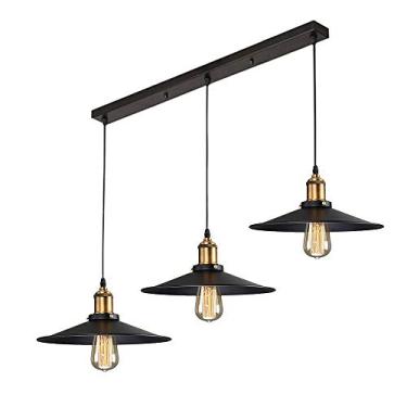 Imagem de Luminária pendente industrial, luminária pendente vintage com 3 chamas, lustre de metal estilo gaiola geométrica E27 com base de montagem, 50 cm, preta, para mesa de jantar, iluminação inter
