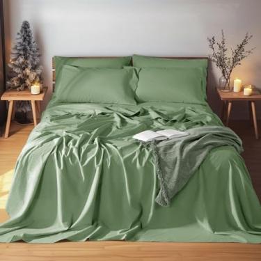 Imagem de LBRO2M Jogo de lençol 100% linho, tamanho casal, conjunto de lençóis de cama de 6 peças, linho natural de cor lisa, macio, respirável, bolso profundo de 40,6 cm, todas as estações (casal, verde)