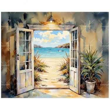 Imagem de Kit de pintura por números vista costeira para adultos - DIY vista do oceano através de portas francesas pintura em tela 40,6 x 50,8 cm, conjunto de tinta acrílica, adequado para iniciantes, arte para
