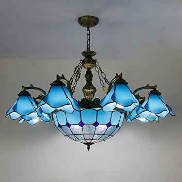 Imagem de Lustre estilo Tiffany, luminária pendente vintage em vitral, altura ajustável, lâmpada de teto LED E27 para decoração de sala de estar, quarto e sala de jantar, azul, 8 luzes.