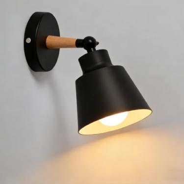 Imagem de Luminária de parede moderna e ajustável - Braço de madeira e cúpula de ferro forjado branco, estilo industrial simples, ideal para quarto, mesa de cabeceira e sala de estar (preta)