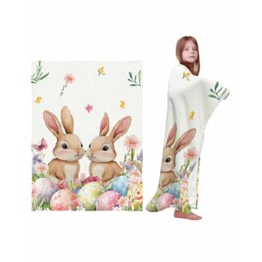 Imagem de Cobertores de primavera de Páscoa, cobertor de lã macia com ovos de coelho decorativo para sofá de casa, poltrona, quarto, 76 x 102 cm, folhas de flores de coelho de férias sazonais