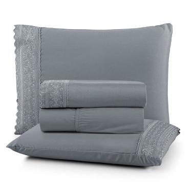 Imagem de Jogo de Lençol Nobre Solteiro 3 Peças MicroPercal 200 Fios Bordado Inglês Fino - Cinza - 100% Poliéster
