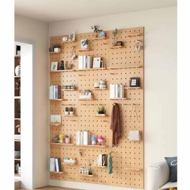 Imagem de Painéis organizadores de parede bege de madeira com 12 mm de espessura, visor modular suspenso para armazenamento de ferramentas em casa e garagem, 60 x 80 cm, sistema versátil de montagem na parede