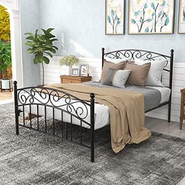 Imagem de Cama de casal com plataforma de metal com cabeceira e pé de ripas, suporte de ripas de aço resistente com espaço embaixo da cama, sem necessidade de mola box, 198 cm C x 137 cm L x 117 cm A preta