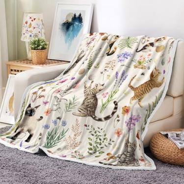 Imagem de Cobertores de plantas florais de gato fofo, boho, engraçado, animal, macio, aconchegante flanela, cobertor quente para quarto, sala de estar, casa, cobertor de pelúcia, acampamento, viagem, sofá