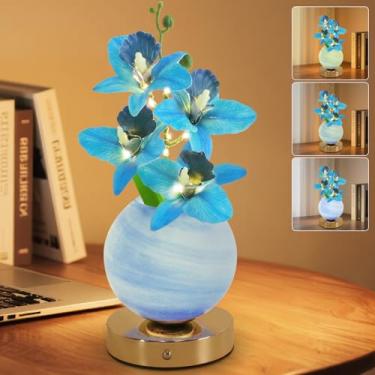 Imagem de Strackvial Abajur de mesa de flores, luz noturna de orquídea em 3 cores, flor artificial com escurecimento de toque sem fio com lâmpada de vaso, luzes de paisagem decorativas de mesa de LED para