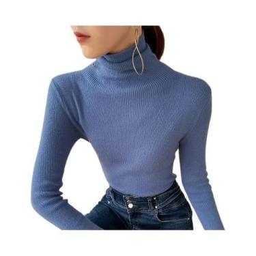 Imagem de Suéter Feminino Marrom De Gola Alta, Tricô Slim Fit, Casual, Pullover 