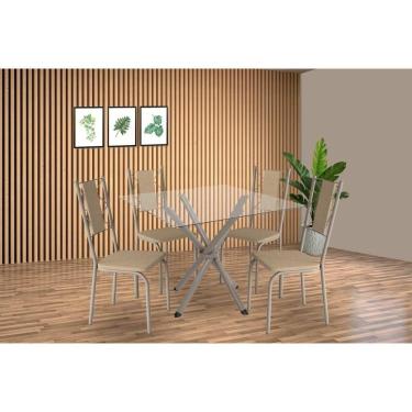 Imagem de Conjunto: Mesa Sala Jantar Volga C- Tampo De Vidro 90cm E 4 Cadeiras Lisboa Niquel - Courano Bege - Kappesberg