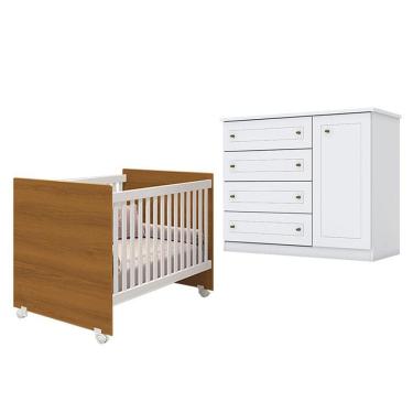 Imagem de Berço Nacional Mel Branco Savana - Reller e Cômoda Infantil Americano Branco HP - Henn