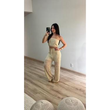 Imagem de Conjunto Saída De Praia Calça Rendada Cropped Tricot Verão - Calu Tric