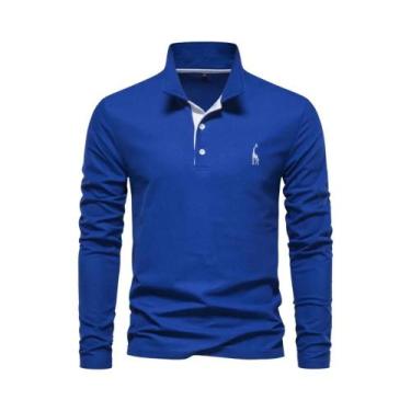 Imagem de Camisas Polo Masculinas Com Bordado De Cervos, Manga Comprida, Cor Sól