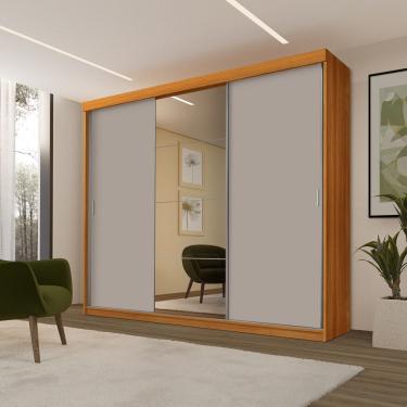 Imagem de Roupeiro Casal Imola 3 Portas de Correr 5 Gavetas 100% MDF com Trilhos em Alumínio e Espelho Freijó-mani