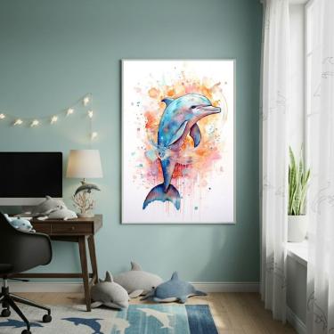 Imagem de Quadro Decorativo Golfinho Aquarela 70x50cm Mold Branca