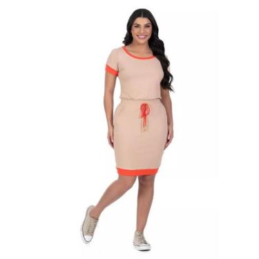 Imagem de Vestido Feminino Bege com Detalhe Laranja Gola em U Com Amarração na C